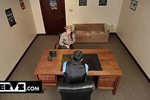 The busty park ranger milf approached the principal with a bold proposition. She gave him a deepthroat blowjob and rode him cowgirl style to secure her stepdaughter's spot.