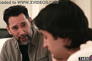 Stepson and stepdad team up for double penetration on mature stepmom. It starts with a blindfolded massage turning into anal and old young action.