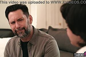 Stepson and stepdad team up for double penetration on mature stepmom. It starts with a blindfolded massage turning into anal and old young action.