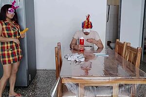 A latina maid with charming natural big tits flashes and fulfills a dark fetish at home for her caretaker.