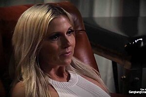 so this blonde milf takes on all five guys, letting them fuck her until they each cum deep in her pussy with gagging action