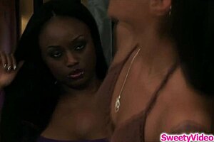 sweetyvideo com shows brunette ebony teen licking busty lesbian milf's shaved pussy in old and young tribbing session