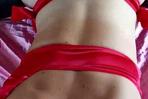 french amateur couple in red satin bra and thong panties with black leather pants and stockings. they enjoy heels rimming deepthroat pussy fuck dirty talk cumshot.