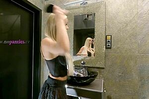 Big Tits Long Haired Sexy Blonde Prepares For The Night In A See Through Mini Skirt With Underknee Socks And No Panties