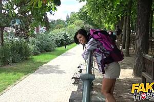 BRUNETTE BACKPACKING BABE WITH NICE NATURAL TITS PICKED UP ON ROAD JOURNEY SUCKS COCK IN CAR