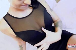 Passionate brunette hottie Raven Lane feels overwhelming lust masturbating wet shaved pussy with dildo on sofa before rimjob swallow