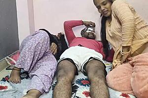 The servant licks both milf pussy and sucks asshole in this family roleplay with mother-in-law and aunt at the ranch.