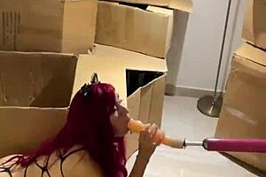 my sex machine pounds deep throat with huge dildo for this teen 18+ cat girl
