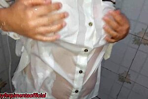 Hot married woman in a wet t-shirt gets fucked in the shower. She enjoys the sensual experience.