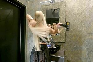 Big Tits Long Haired Sexy Blonde Prepares For The Night In A See Through Mini Skirt With Underknee Socks And No Panties