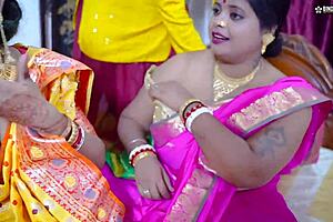 Desi horny Indian three bhabhi at a wedding party getting fucked by dewar in bedroom groupsex like brides in costumes