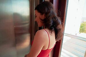 Girl next door hints at hard fuck near elevator in cute dress