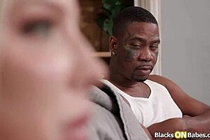 Big tit blonde cheats by having sex with two black men.