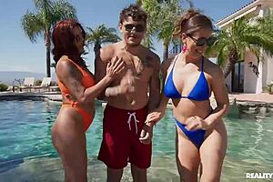 Cougars team up on the pool boy for some steamy ffm action