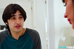 Stepmom gives a mouthful of advice with deepthroat blowjob and titty fuck on big cock, swallowing cum in hardcore reality scene. Big tits and ass shine.