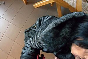 elegant milf in fur coat gets bent over wooden desk for deepthroat and rough fucking, then covered in cum twice with squirting and facial action