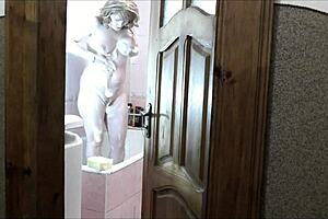 naked sexy blonde woman in bathroom without panties. Pervert man roommate watches outside masturbating cock for cumshot on old young 18+ wet pussy with natural tits.