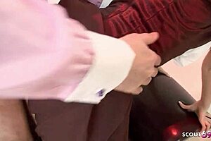 How does slim fit blonde Stacey Saran in Bavarian Oktoberfest costume seduce older guy for fuck in parody porn?