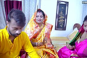 Desi horny Indian three bhabhi at a wedding party getting fucked by dewar in bedroom groupsex like brides in costumes