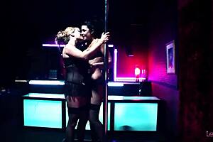 brunette and blonde stripper milfs tease with oily fisting and huge strapon lesbian play