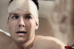 Stepmom says to her teen stepson, Let me give you a quick blowjob to help out. She licks and sucks while he enjoys the taboo shaved pussy cunilingus.