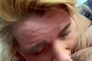 Topless Hooker Takes a Load of Cum on the Side of Her Face After a Long Bareback Blowjob in Public Car?