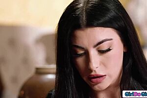 Petite brunette feels intense passion seducing her big tit Latina lesbian milf boss