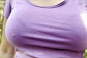 Hey big tit wife, you flashing those boobs in public park for a dare?