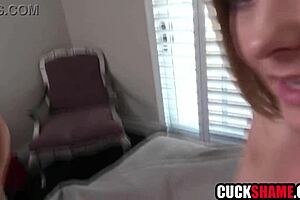 cuckold hubby joins wife dolly leigh for threesome reality fuck with shaved pussy sharing. The blonde swings old couple style in cheating husband scene.