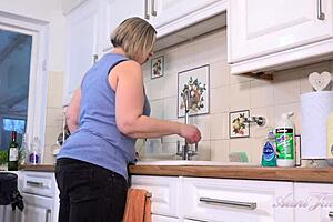 busty 48yo bbw star gets all wet and playful in the kitchen scene