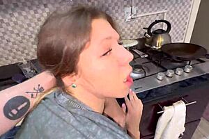 Dormmate-girl with her cute big ass and pretty features gets a deepthroat pounding in the kitchen. She ends up with cum in mouth and hair during our wild homemade couple session