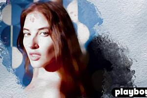 hey gorgeous russian brunette babe with small tits poses passionately for playboy stripping nude 😍