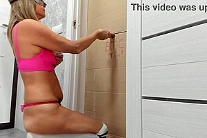 Stepmom milf delivers blowjob with fresh sperm release, focusing on huge tits and big natural tits in close up lingerie