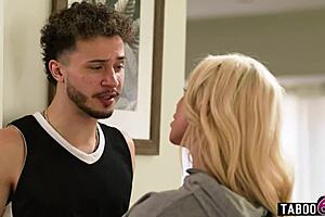 Mature milf stepmom Spencer Scott turns into her downed stepson's personal cheerleader with rough deepthroat blowjob on his big cock.