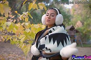 Awesome brunette milf Lena the plug reveals her amazing boobs outdoors