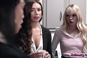 Co-workers Lilly Bell, Kimmy Kim, and April Olsen join lady boss Vicki Chase for a steamy 4some to boost their annual performance reviews.