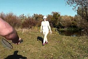 autumn sport cute milf mature sexy frina strips naked and learns play badminton with lover naked in public publicly outdoors outside big ass butt perfect boobs big natural tits pussy doggy style