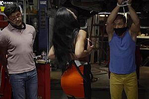 dirty girl gets wild in the garage with blowjob cumshot and deep cunilingus on pierced nipples