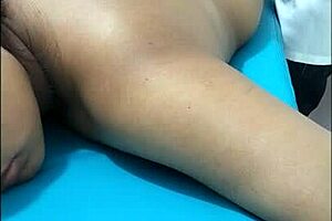 Dominant massage therapist treats the bound whore as a slave, groping and oiling her sexy teen brunette buttocks extensively