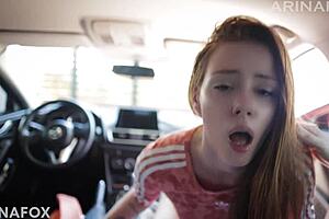 stepfather takes stepsister for a wild pov ride in stepmom's car, bending her over doggystyle until she cums