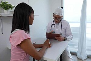 perverted doctor bends over petite 18+ ebony brittany taylor for doggystyle fucking in office. he spanks her tight shaved pussy during intense session.