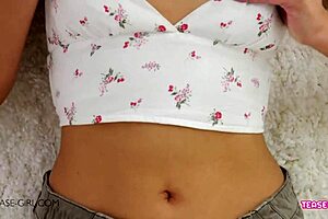 super sexy brunette teen 18+ gets interviewed on sofa for casting as milf watches