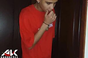 Young skinny stepson hides in closet to spy on hot milf stepmom with big natural tits. She strips naked and shows huge ass in bedroom.