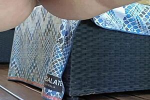 damn horny mature squats wide flashing shaved gaping cunt outdoors