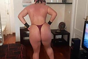 oiled milf flexes muscles while squirting in muscular bdsm creampie
