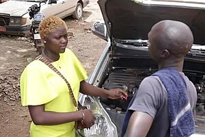 Mechanic's long cock makes ass squirt in garage fix