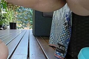 damn horny mature squats wide flashing shaved gaping cunt outdoors