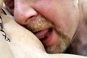 Mature Russian housewife masturbates and sucks cock up close