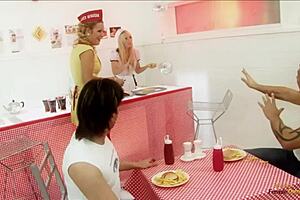 Food fight at restaurant sparks wild group sex with big tits blonde milf