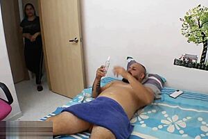 Hot milf stepmom's massage turns into rough doggy fuck while hubby's away